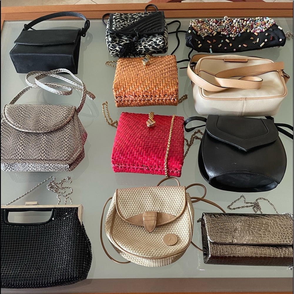 Assorted shoulder bags: leather, straw, fabric. Any 4 for $45